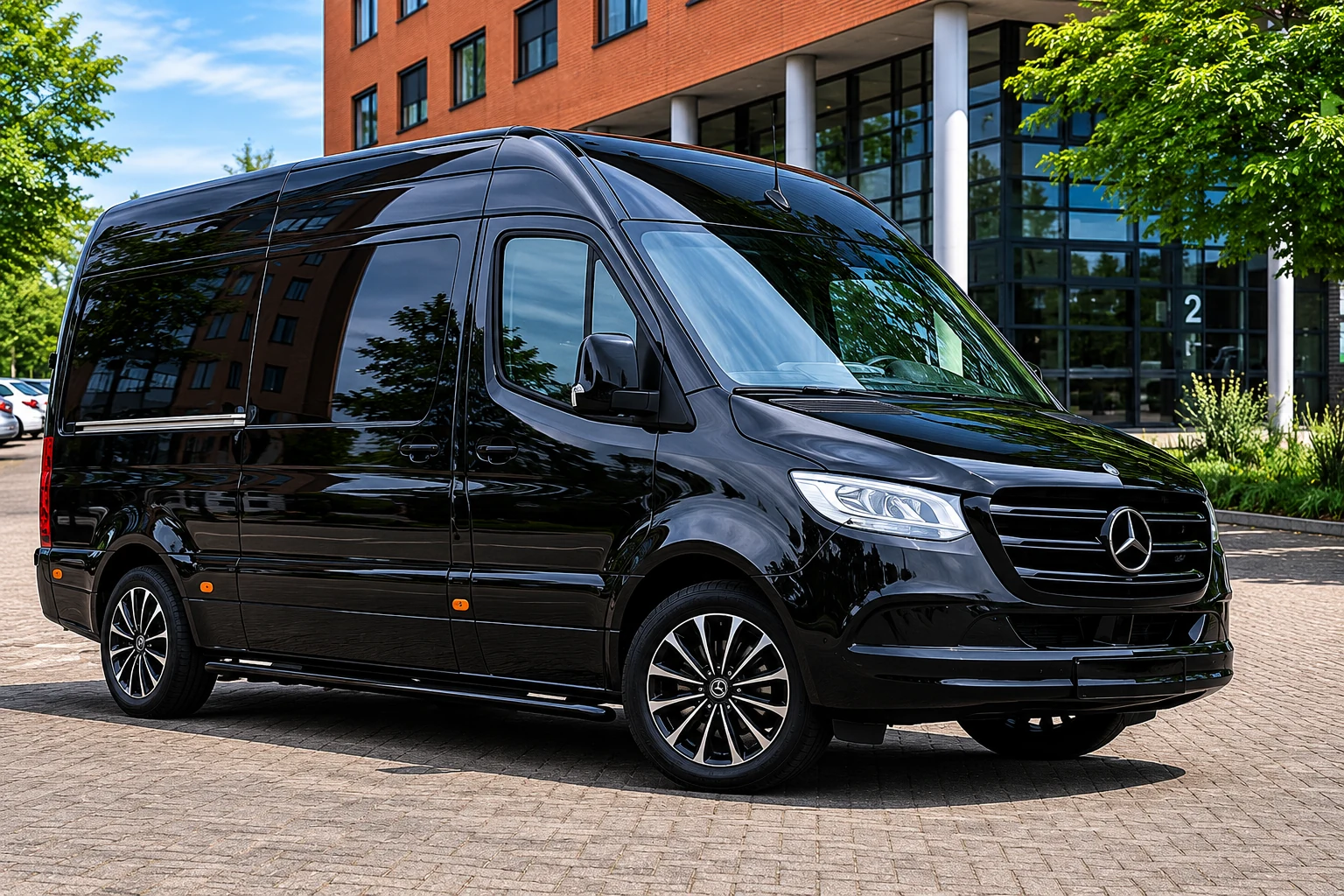Zwarte premium camper van HQ on Wheels voor een modern kantoorgebouw